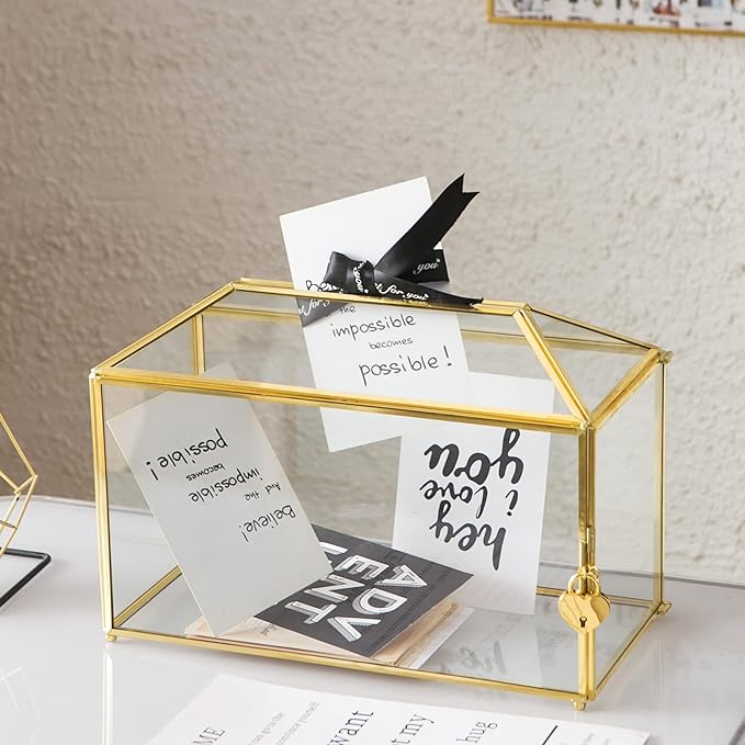 Glass Wedding Card Box with Slot, 12.6 inch Large Clear Card Box Gold Brass Gift Card Storage Box with Lock for Wedding Receptions, Baby Shower, Birthday Party, Bridal Shower