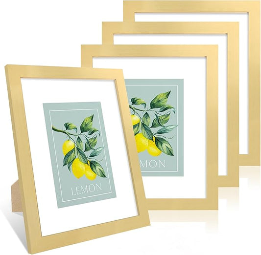 8x10 Picture Frame Set of 4, 8 x 10 Wood Photo Frames with Mat for 5x7, Wooden Frame with Real Glass Cover for Wall and Tabletop Display,Gold