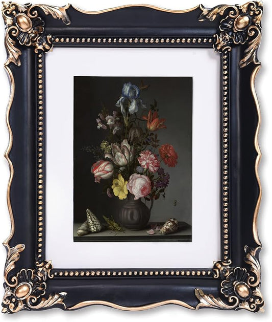 8x10 Vintage Picture Frame with Embossed Flower Design, Black Ornate Frame for 8x10 or 5x7 Pictures with White Mat, Hand-Crafted Resin Antique Frames for Tabletop & Wall Hanging, Home Decor (Black)