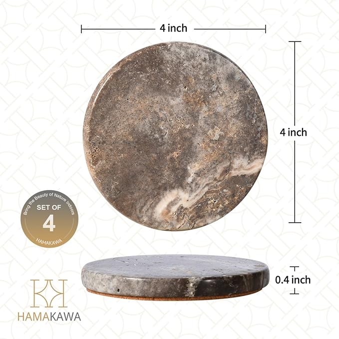 Marble Coasters Set of 4, Natural Gray Stone 4 Inch/10 cm, Modern Round Travertine Drink Coasters for Home Decor, Coffee Table, Office