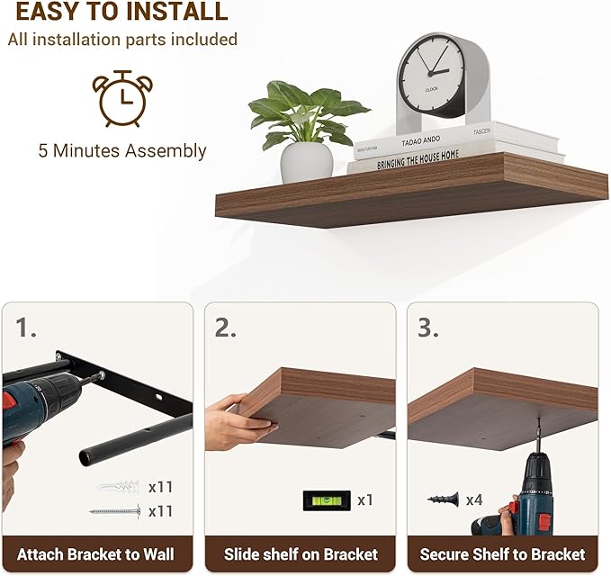 24 Inch Floating Shelves, 24"x9.25"x1.5" Inch Deep Floating Shelves for Wall, Wooden Shelves for Bathroom, Bedroom, Living Room, Walnut