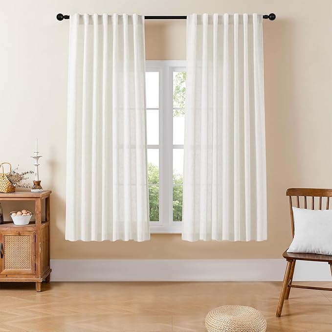 Joydeco Linen Curtains for Bedroom 63 Inch Length 2 Panels Set,37 Inch Wide Light Filtering Curtains for Living Room, Off-White Curtains with Back Tab & Rod Pockets (37x63 inch, Off-White)