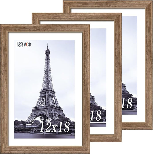 VCK 12x18 Frame 3 Pack - Brown Walnut, Natural Textured Solid Wood Poster Picture Frame, Wall Gallery Frame