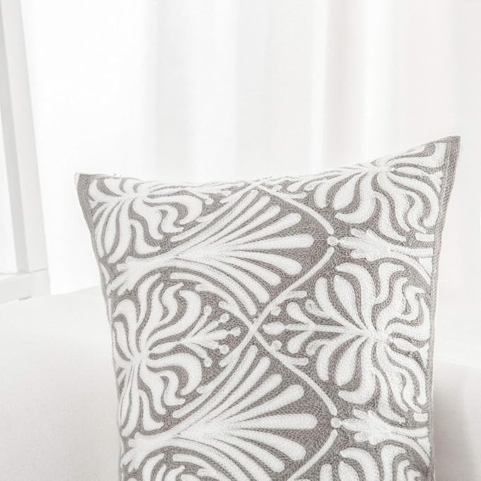HWY 50 Grey Gray Decorative Lumbar Pillow Cover Rectangle 12x20 Inch (1 Piece), Embroidered Cotton Farmhouse Cushion Cover Pillow Case for Sofa Couch Living Room Bed, Minimalist Floral