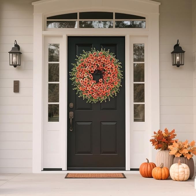 26" Fall Wreath for Front Door, Porch, Window - Large Artificial Boxwood Leaves with Fake Daisy Flowers Outdoor Wreath Faux Eucalyptus for Home Farmhouse Harvest Festival Thanksgiving Day Autumn Decor