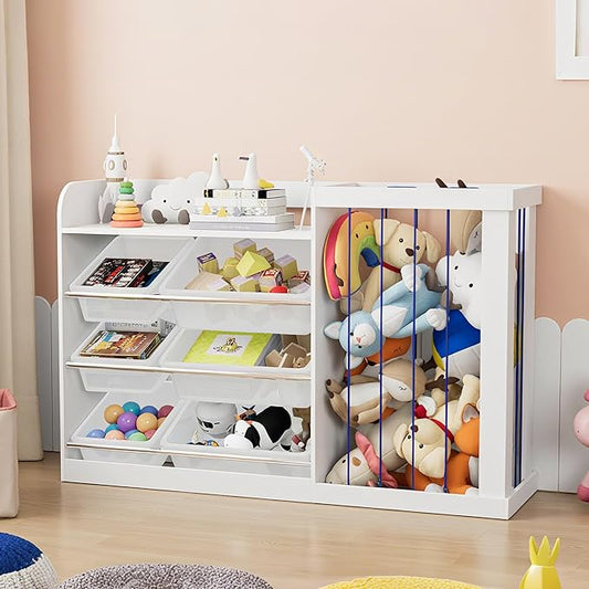 Kids Toy Storage Organizer with 3 Removable Plastic Bins Toddler Montessori Bookshelf with Stuffed Animal Net Holder Baby Bookcase Plush Organizer for Playroom, Bedroom,Kids Room,Classroom,Nursery