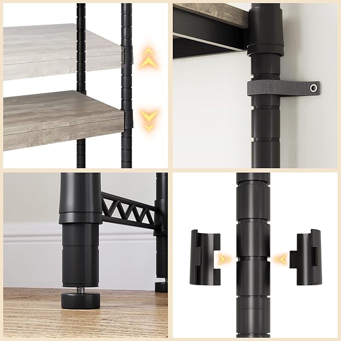 CABIHOME 5-Tier Over-The-Washer Shelf - Adjustable Height Laundry Organizer Space Saver, Double-Layer 100lb Shelves, 2 Hooks for Bathroom/Balcony (Grey & Black)