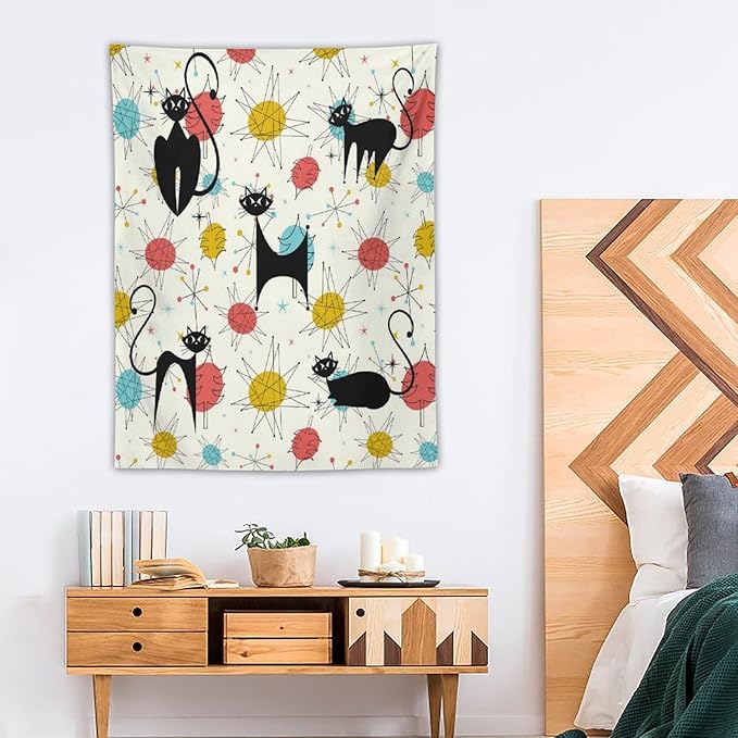 ICMOLYYENLO Abstract Cat Tapestry, Medieval Abstract Atomic Star Cat Vintage Home Wall Hanging Art Tapestry for Bedroom Living Room Dormitory 40x60 Inch
