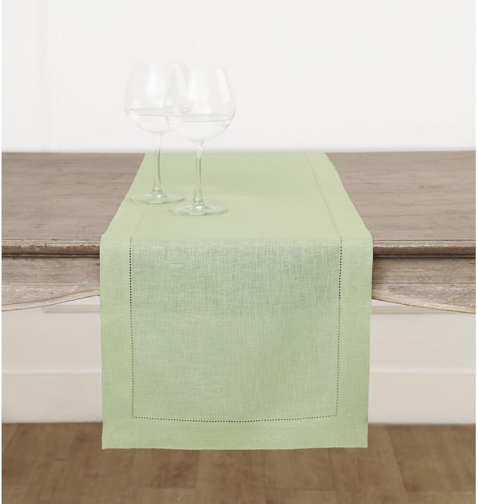 Solino Home Linen Sage Green Table Runner 108 Inches Long - 100% Pure Linen 14 x 108 Inch Table Runner for Fall, Autumn, Thanksgiving - Classic Hemstitch