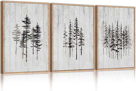 HPINUB Woodcut Style Pine Tree Framed Canvas Wall Art Set, Minimalist Modern Black and White Forest Wall Decor, Rustic Minimalist Canvas Painting for Living Room,Bedroom,Office Decor-16 x24 x3