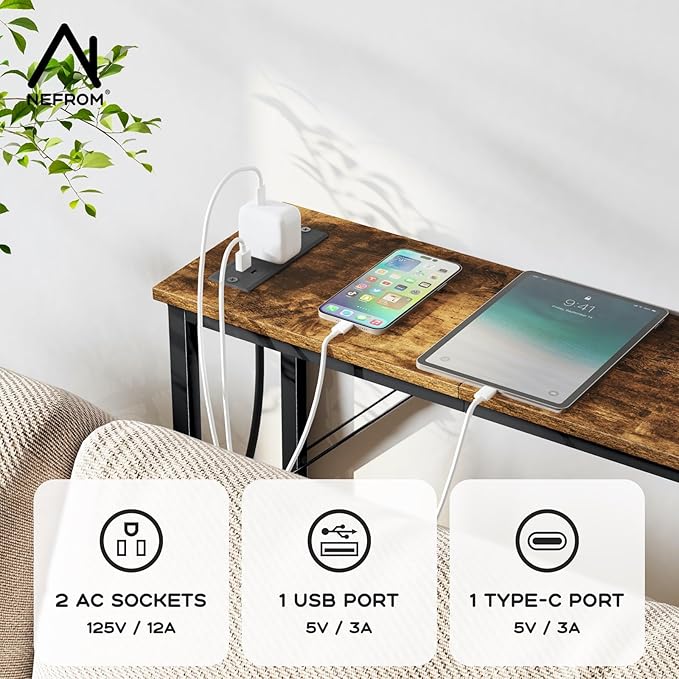 39.4" Console Table, Skinny Entryway Table with Fast-Charging Station, Narrow Long Sofa Table, Behind Slim Couch Table for Entrance, Hallway, Living Room Decor ST-BR100-1