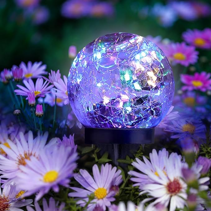 Solar Garden Lights Outdoor Waterproof, 4 Pack Cracked Glass Ball Light, Ground Landscape Garden Decor, Solar Globe Decorative for Pathway/Patio/Lawn/Yard (Multicolor, 4.7")