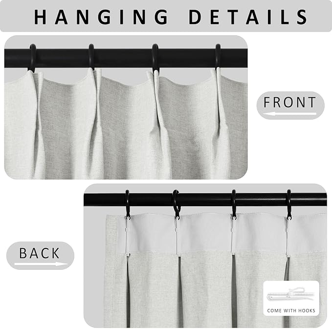 Macochico 100% Blackout Pinch Pleated Linen Curtains 84 Inch Length Thermal Blackout Curtains for Bedroom Living Room Nursery Greyish White Farmhouse Burlap Curtains with Tieback 52”Wx84”L 1 Panel