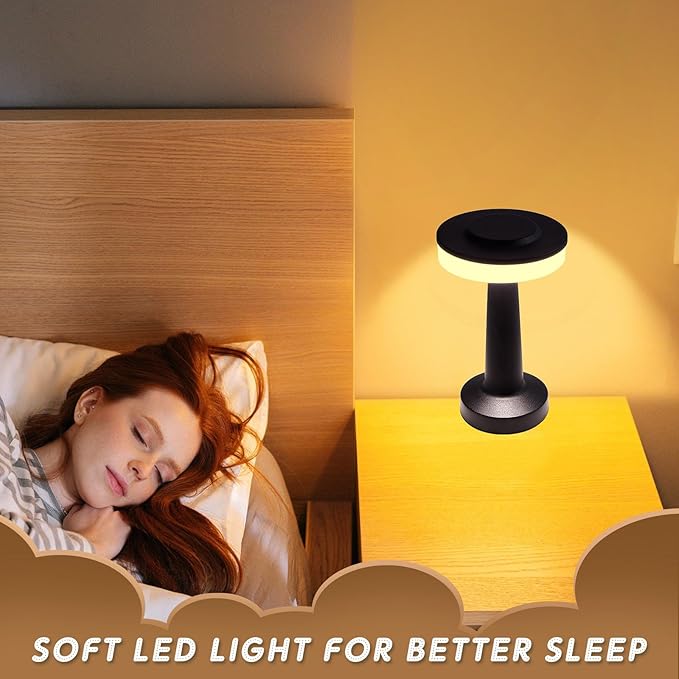 VIHOSE Set of 8 LED Portable Cordless Table Lamp with Touch Sensor 3 Color Stepless Dimming Rechargeable Battery up to 15 Hours Cordless Table Light Wireless Lamp for Nursery(Black)