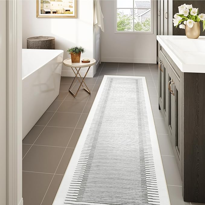 Wonnitar Striped 9x12 Rugs for Living Room, Non-Slip Soft Grey Berber Stripe Bedroom Rug, Low Pile Minimalist Floor Carpet for Dining Room Living Room Department (Grey,9' x 12')