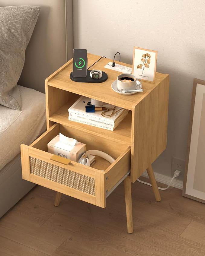 Rattan Nightstand with Outlet,Modern Bedside Table with Storage Drawer and Open Wood Shelf, for Living Room, Bedroom and Small Spaces, Accent Night Stand with Solid Wood Legs,Yellow Oak