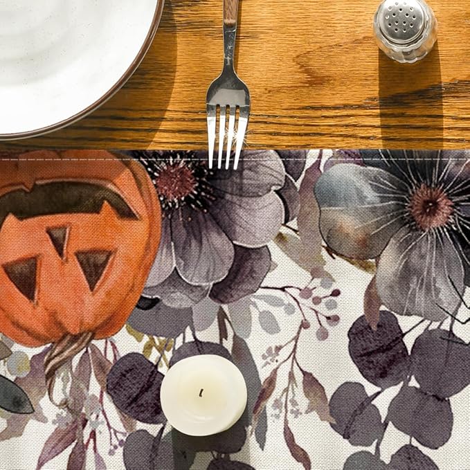 Artoid Mode Jack-O'-Lantern Pumpkin Floral Ghost Halloween Table Runner, Eucalyptus Kitchen Dining Table Decoration for Home Party Decor 13x60 Inch