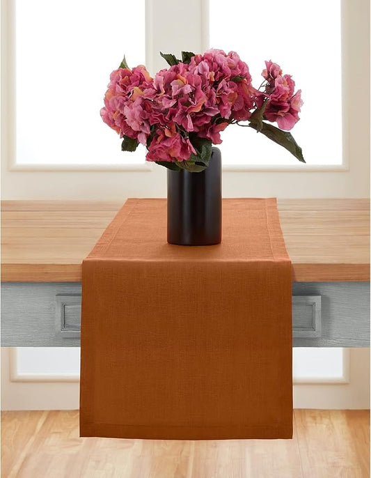 Solino Home Linen Cinnamon Table Runner 48 Inches - 100% Pure Linen Farmhouse Short Table Runner 14 x 48 Inch Ideal for Dresser and Coffee Tables - Fete - Fall, Autumn, Halloween, Thanksgiving