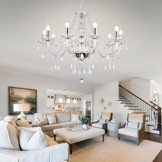 Modern Elegant 10 Lights K9 Crystal Glass Chandelier Silver Pendant Ceiling Lighting European Style for Dining Living Room Bedroom Transparent, 10 E12 Bulbs Required