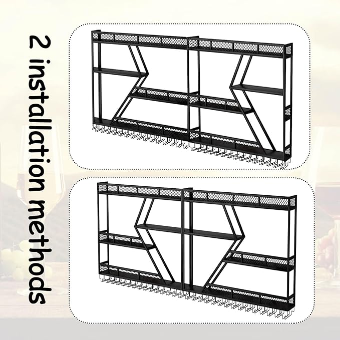 Wall Mounted Wine Rack with Glass Holder, 3-Tier Metal Storage Shelf, Black Diamond Design, Wine Bottle Display with Stemware Storage (Black, 47.24in/Right)