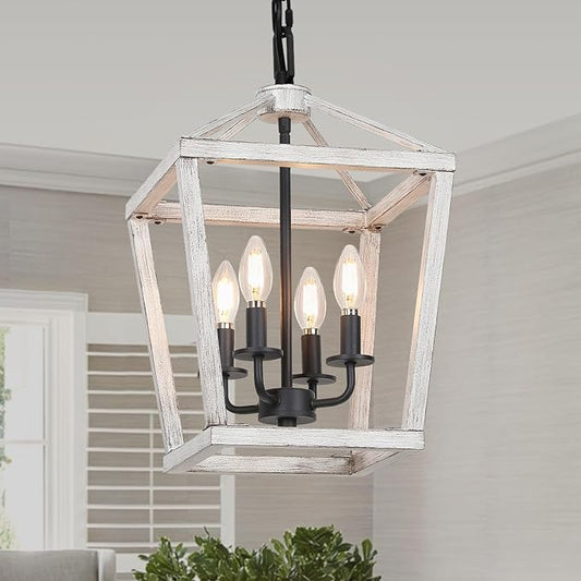 4 Light Rustic Chandelier, Farmhouse Lantern Fixture with Brushed White Oak Cage and Adjustable Chain, E12 Base Geometric Hanging Light Fixture Ceiling lighting for Entryway Kitchen Island, Indoor Use