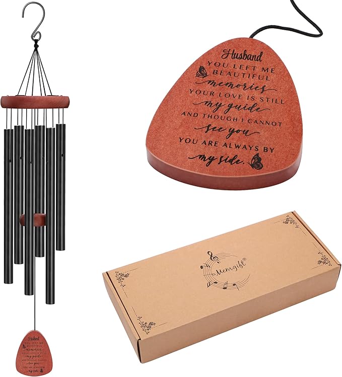 Memgift Memorial Wind Chime for Loss of Husband - Solid Beech Wood Sympathy Gift - Bereavement Wind Chime for Loved One - Outdoor Remembrance for Garden & Patio 32 Inch