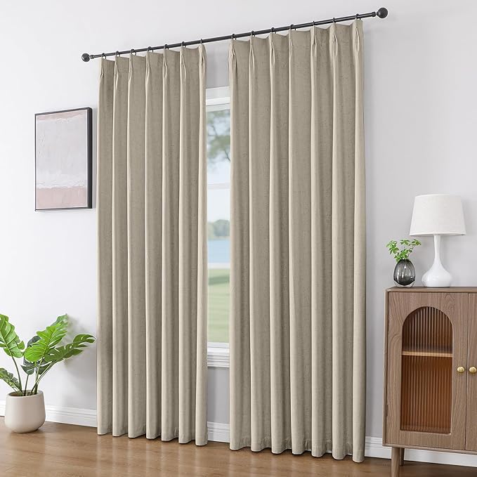 Joydeco Pinch Pleated Linen Curtains Darkening Drapes for Bedroom, 100% Blackout Drapes 96 inches Long 2 Panels Heat Blocking Curtains(Cobblestone,40'' Wx96'' L)