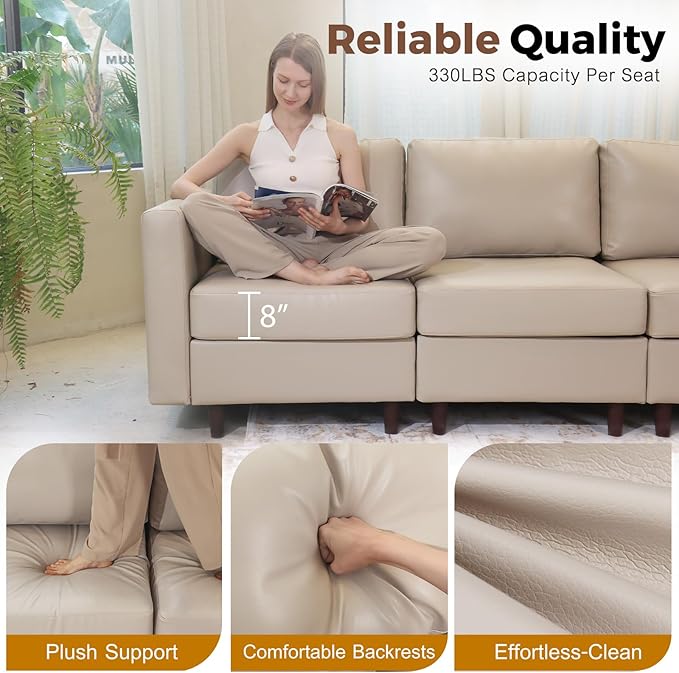91.5" Luxury Modular Sleeper Sofa Bed with Storage Seat, 6 Seat Sectional Couch Deep Seat with Reversible Chaises & Removable Cover for Living Room - Faux Leather Whitesand
