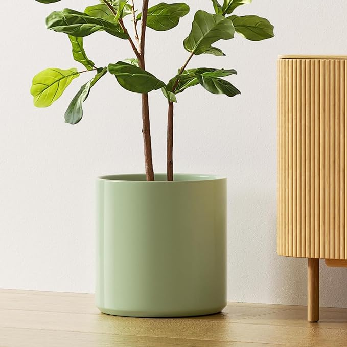 LE TAUCI 12 Inch Pots for Plants, Ceramic Large Plant Pot for Indoor Plants, Mid-Century Modern Planter Pot with Drainage Hole, Reactive Glaze Green