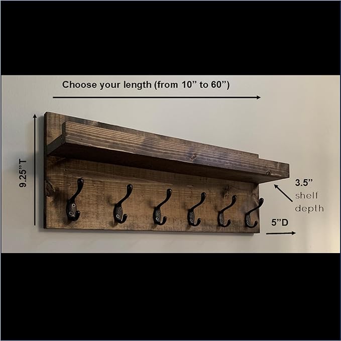 Coat Rack with Shelf Wall Mounted with Storage (Choose Your Length) Towel Rack Entryway Organizer Key Hooks (36" L (9 Hooks))