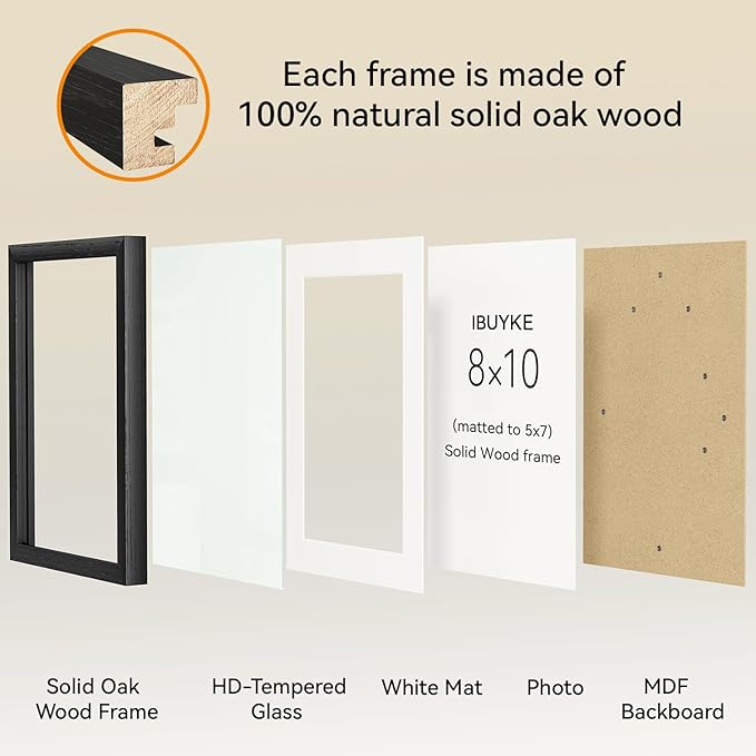 IBUYKE 8x10 Picture Frame,Solid Oak Wood 8x10 Photo Frame with Mat to 5x7,10x8 Picture Frames With Tempered Glass,Tabletop or Wall Mount Display,Home Decor,Black Oak 8 x 10 Frame,UWPF0810B