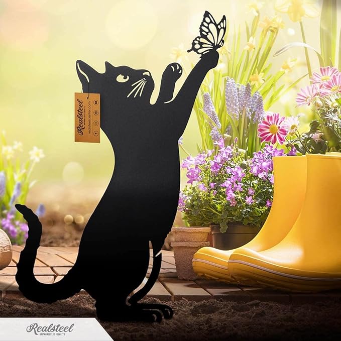 RealSteel I 3 Pack Steel Cat Garden Decor I Outdoor Yard Decorations I Gift for Cat Lovers I Lawn Ornaments and Statues I Garden Signs Decorative Outdoor - Black
