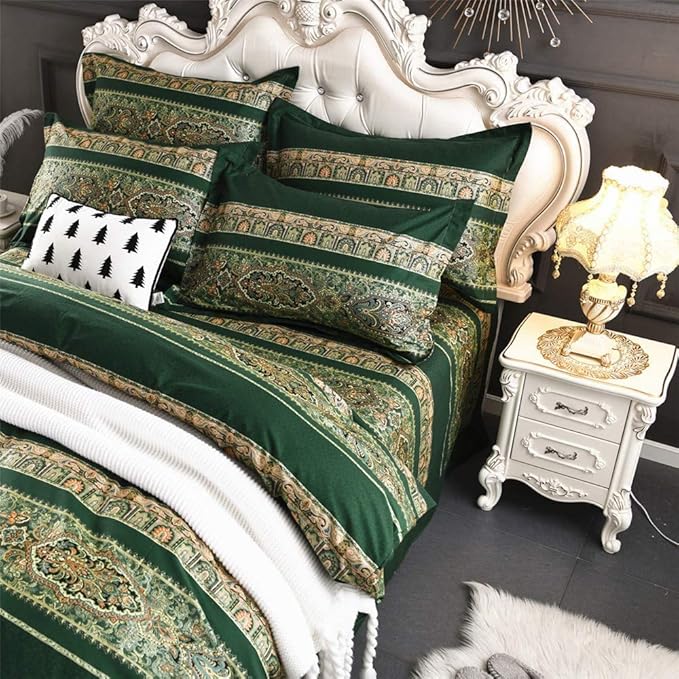 ABREEZE Bohemian Vintage Queen Size Floral Cotton Bedding Set 3Pcs Duvet Cover Set Boho Green Paisley 100% Egyptian Brushed Cotton Reversible Home Bedding Collection