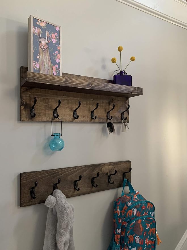Coat Rack with Shelf Wall Mounted with Storage (Choose Your Length) Towel Rack Entryway Organizer Key Hooks (28" L (7 Hooks) Set of 2)