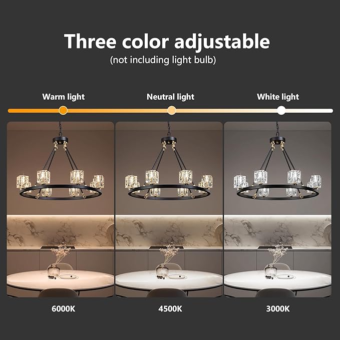 Black Wagon Wheel Chandelier, 8-Light Farmhouse Crystal Chandeleirs with Adjustable Height,Ceiling Hanging Light Fixture Pendant Lights for Living Room,Bedroom,Kitchen Island,Dining Room,Bedroom