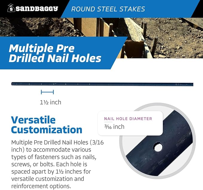 Sandbaggy Round Steel Concrete Form Stakes with Nail Holes - Rust Resistant Coating - Removable, Reusable (25, 3/4 in X 48 in)