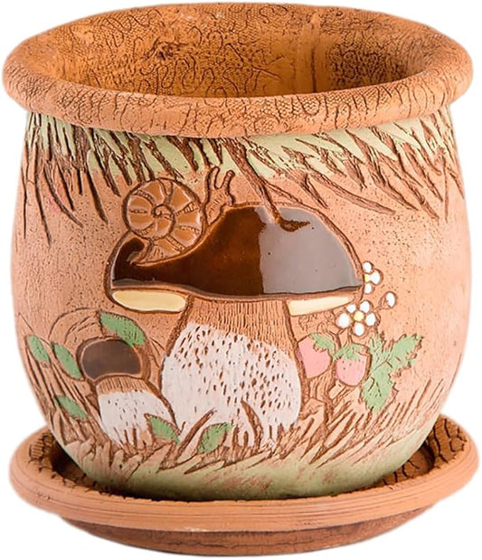 Ceramic Pot with Drainage Hole and Saucer, Plant Pots, Modern Decorative Planters for House Plants Indoor Flowers Plants, Cute Flower Pot - Gifts (Mushrooms)