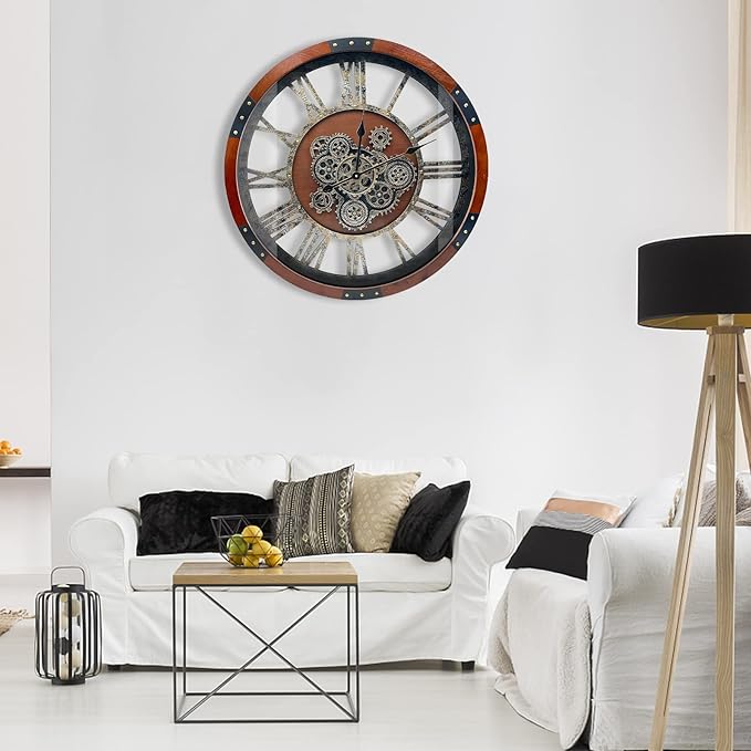 DORBOKER 40" Original Moving Gears Wall Clock, Large Industrial Wall Clock for Living Room Decor,Oversized Wood Vintage Farmhouse Steampunk Rustic Clocks for Wall Decor,Black Walnut