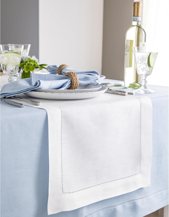 Solino Home Linen White Table Runner 48 Inches - Classic Hemstitch, 100% Pure Linen Coffee Table Runner 14 x 48 Inch Ideal for Dresser Tables - Fall, Autumn, Halloween, Thanksgiving