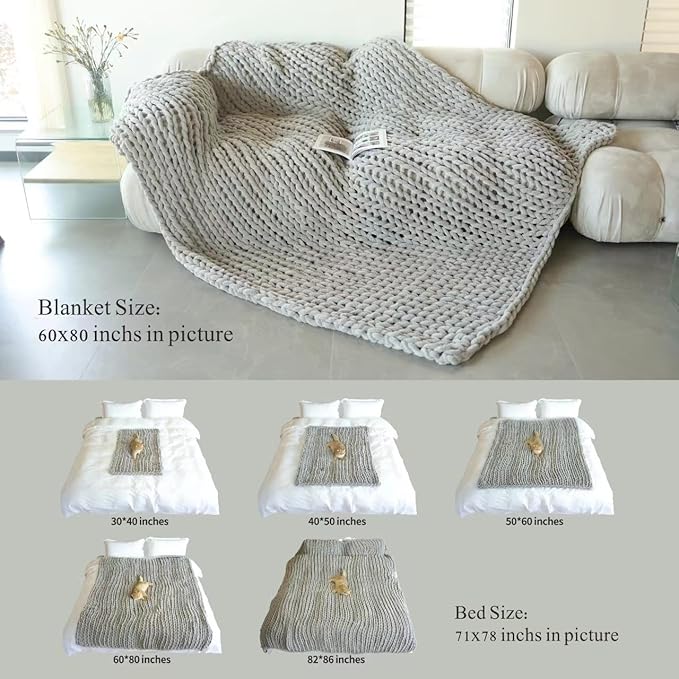 Maetoow Chenille Chunky Knit Blanket Throw （60×80 Inch）, Handmade Warm & Cozy Blanket Couch, Bed, Home Decor, Soft Breathable Fleece Banket, Christmas Thick and Giant Yarn Throws, Khaki