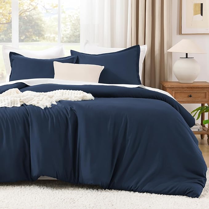 Litanika Navy Blue Oversized King Comforter Set Super King Plus Size, 3 Pieces Lightweight Solid Bedding Comforter Set, All Season Fluffy Bed Set (128x120In Comforter & 2 Pillowcases)
