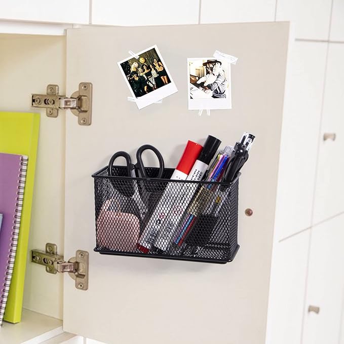 dedoot Magnetic Basket for refrigerator Storage Magnetic Pencil Holder Basket Mesh Black Strong Magnetic Pen Holder for Refrigerator,Whiteboard, Locker, Home and Office Organizer, 6.3x2.3x3.6inch