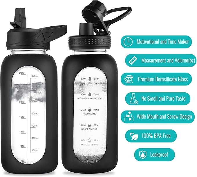 32 oz Glass Water Bottle with Straw and Handle, Sports Motivational Water Flask with Silicone Sleeve, Large Leakproof Water Flask Cup with Time Marker for Travel, Gym, Sage