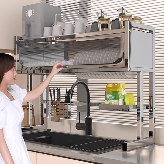 Home Furnishing Dish Rack Over Sink Stainless Steel Over The Sink Dish Drainer Drying Rack Space Kitchen Sink Rack Multifunctional countertop Dish Storage Rack Sink(Metallic,75cm/29.5in)