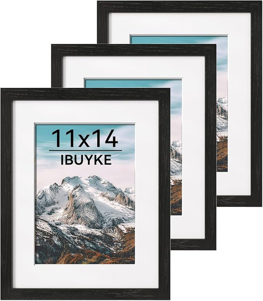 IBUYKE 11 x14 Picture Frame,Set of 3,Solid Oak Wood 11x14 Photo Frame with Mat to 8x10,11x14 Picture Frames With Tempered Glass,Wall Mount Display,Home Decor,Black Oak 14 x 11 Frame,UWPF1114B-3