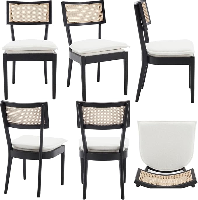 Rattan Dining Chairs Set Of 4 , Mid Century Modern Black Wooden Cane Back Chairs with Removable Sherpa Cushion , Retro Farmhouse Upholstered Kitchen & Dining Room Chairs for Restaurant Living Room