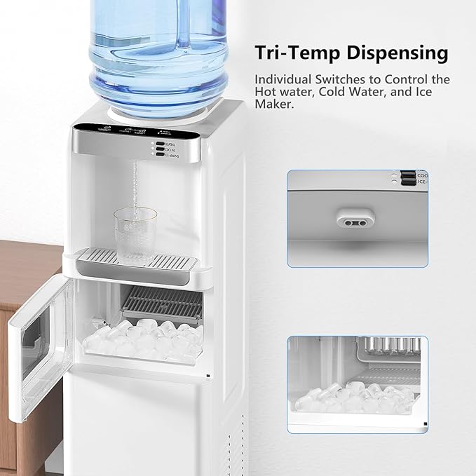 Water Dispenser with Ice Maker Function, Top Loading Hot and Cold Water Cooler for 5 Gallon Bottle - Includes Child Safety Lock - Water Machine for Home, Office, Garage - White