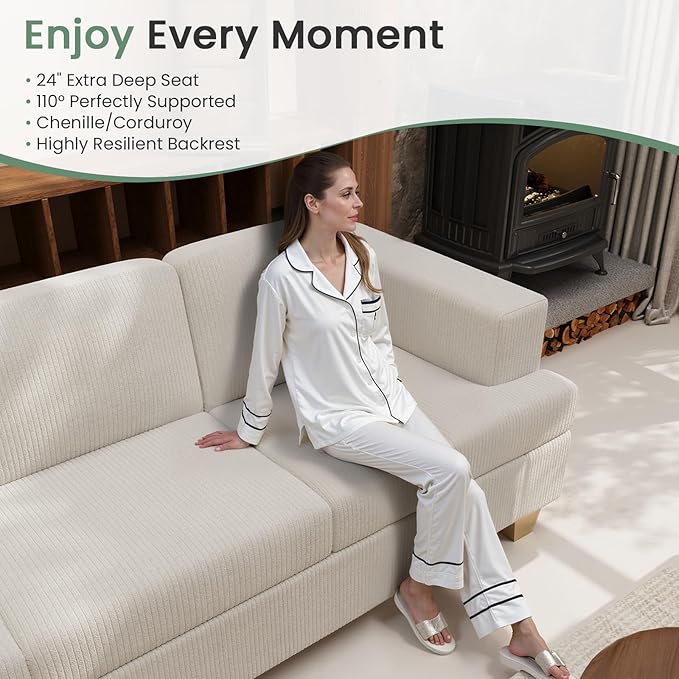 3 Pieces Corduroy Couch Set for Living Room, 3 Seater & Loveset*2 Cloud Sofa, Deep Seat Floor Couch for Bedroom, Futon Modern Sofa Bed, White Corduroy