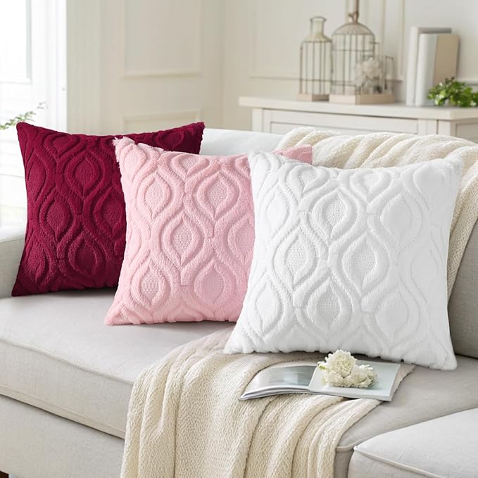 decorUhome Fall Throw Pillow Covers 16x16 Inch Set of 2, Soft Plush Decorative Faux Fur White Solid Couch Pillow Covers, Accent Farmhouse Neutral Square Euro Pillow Cases for Sofa Bed Living Room