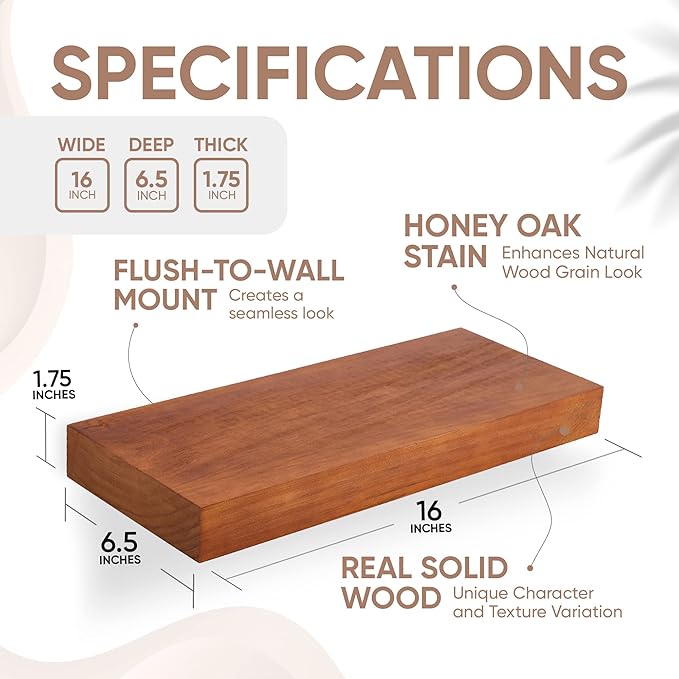 Homeforia 16 inch Oak Floating Shelf, High End Solid Real Wood 16inch Small Floating Shelves for Wall Mounted, Honey Oak Wooden 16in Floating Shelves, Heavy Duty Bracket, 16 X 6.5 X 1.75 in, Set of 2